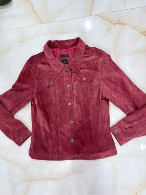 For Joseph Suede Leather Jacket in Deep Berry Maroon Button Front Blazer Jacket